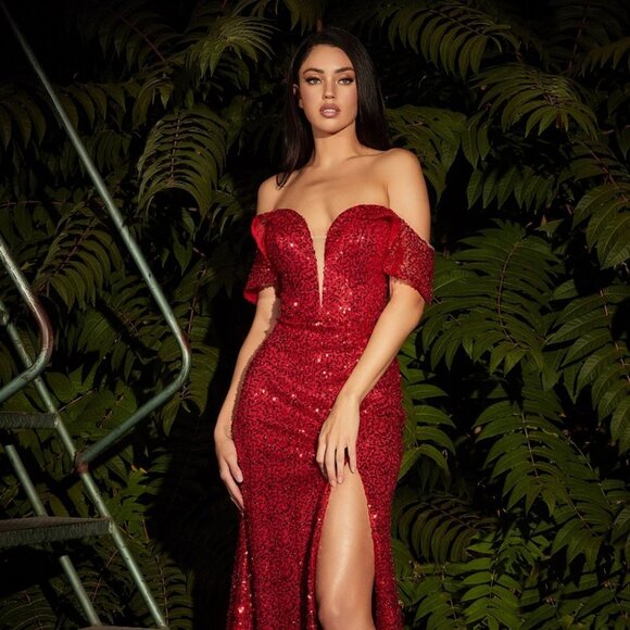 NEW LONG RED OFF THE SHOULDER SEQUIN DRESS WITH ZIPPER BACK AND SLIT CD CH167